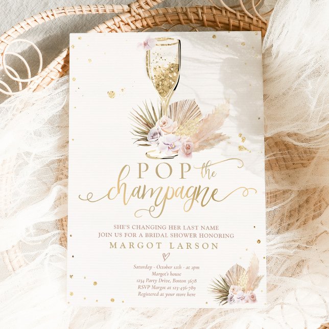 Boho Pampas Grass Pop Möhippan Champagne Inbjudningar (Skapare uppladdad)