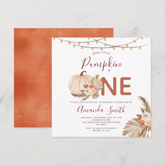 Boho Pampas Grass Pumpkin är en Blommigt på födels Inbjudningar (Fram/baksida)