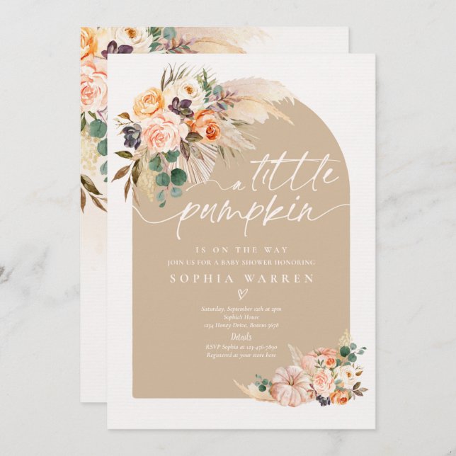 Boho Pampas Grass Pumpkin Baby Shower Muted Tones Inbjudningar (Fram/baksida)