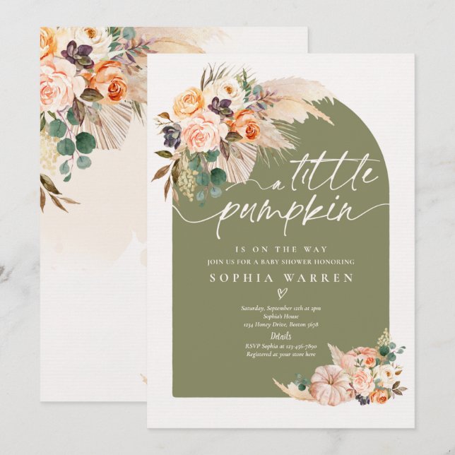 Boho Pampas Grass Pumpkin Baby Shower Oliv grönt Inbjudningar (Fram/baksida)
