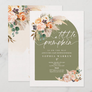 Boho Pampas Grass Pumpkin Baby Shower Oliv grönt Inbjudningar