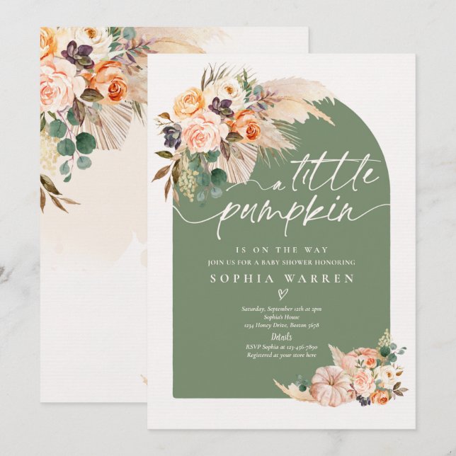 Boho Pampas Grass Pumpkin Baby Shower Sälggrön Inbjudningar (Fram/baksida)