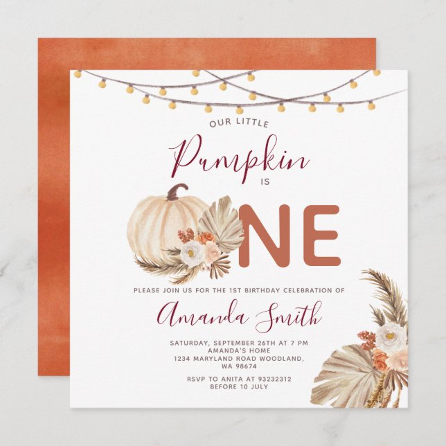 Boho Pampas Grass Pumpkin Fyller Ett Födelsedagsbl Inbjudningar (Fram/baksida)