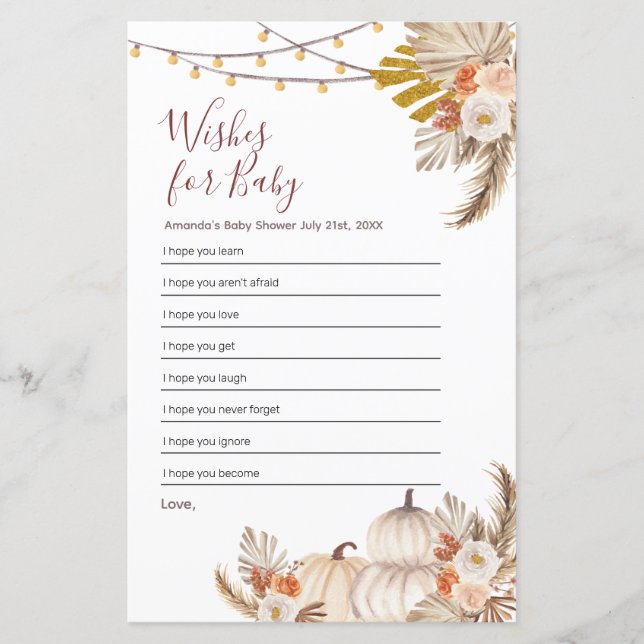 Boho Pampas Grass Pumpkin Önskemål för Baby (Framsida)