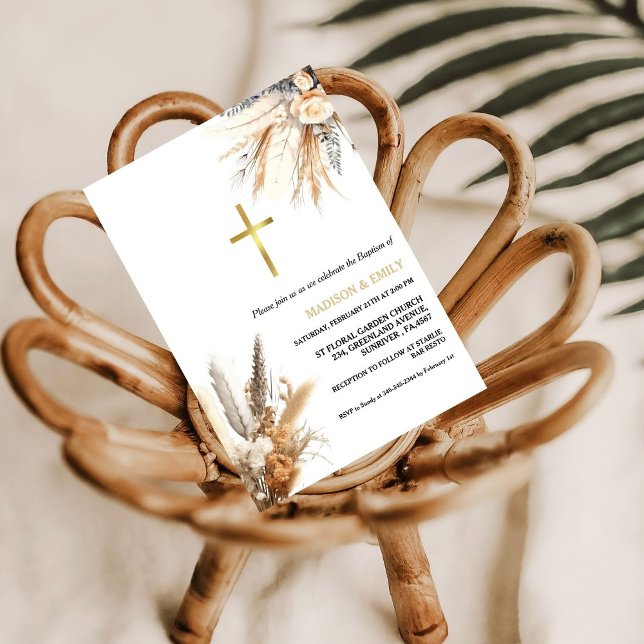 Boho Pampas Grass Rainbow Girl Baptism Christening Inbjudningar (Skapare uppladdad)