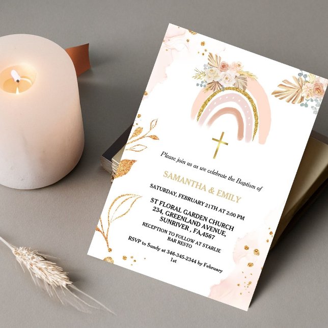 Boho Pampas Grass Rainbow Girl Graptism Christenin Inbjudningar (Skapare uppladdad)