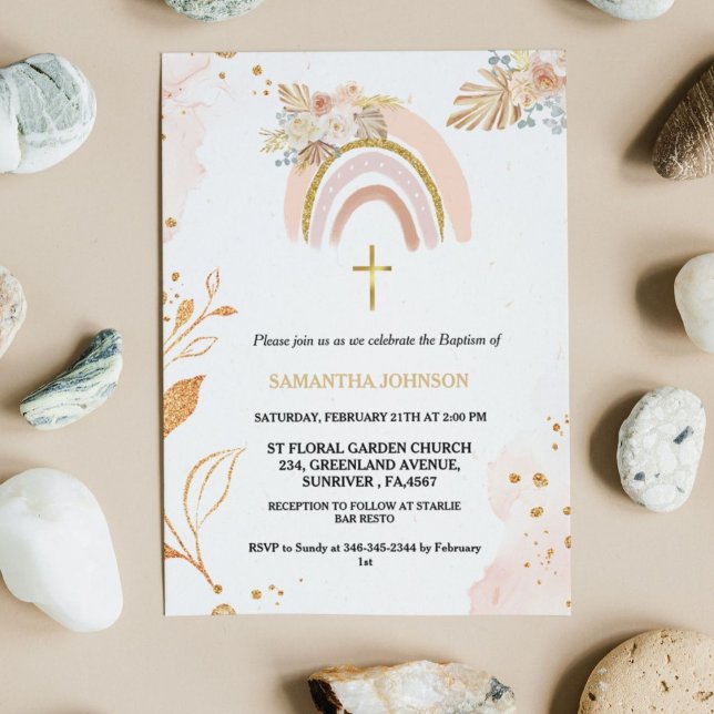 Boho Pampas Grass Rainbow Girl Graptism Christenin Inbjudningar (Skapare uppladdad)