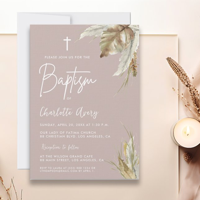 Boho Pampas Grass  Rosa Anpassningsbar Baptism Inbjudningar (Pampas grass watercolor boho chic Baptism Invitation in blush pink.)