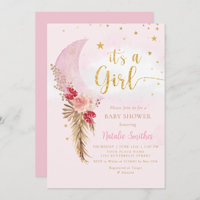 Boho Pampas Grass  Rosa Baby Shower Inbjudningar (Fram/baksida)