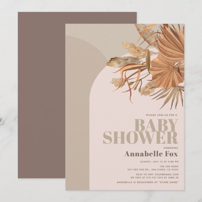 Boho Pampas Grass Rosa Baby Shower Inbjudningar (Fram/baksida)