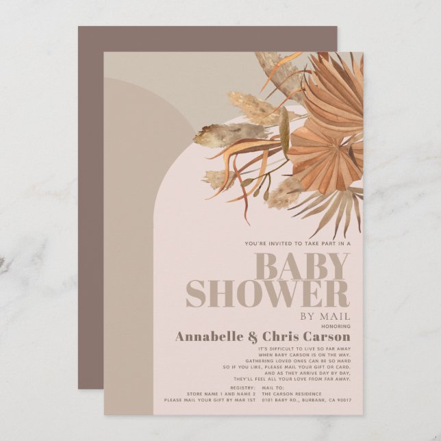 Boho Pampas Grass Rosa Bebis Shower via Post Inbjudningar (Fram/baksida)