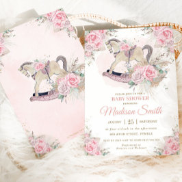 Boho Pampas Grass Rosa Blommigt Rocking Horse Baby Inbjudningar