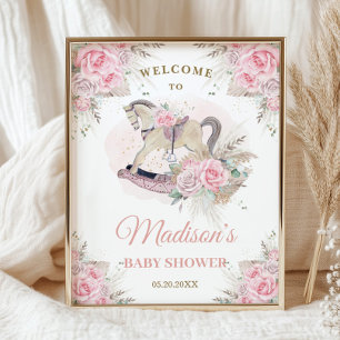 Boho Pampas Grass Rosa Blommigt Rocking Horse Baby Poster