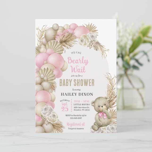 Boho Pampas Grass Rosa Nalle Baby Shower Inbjudningar (Stående Fram)