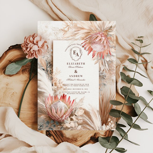 Boho Pampas Grass Rustic Bröllop Design Inbjudningar (Skapare uppladdad)