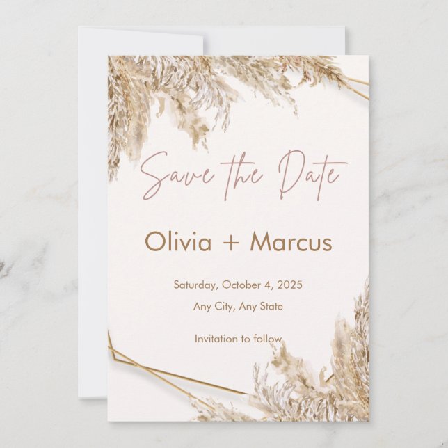 Boho Pampas Grass Save Date | Neutralt Beige Inbjudningar (Framsida)