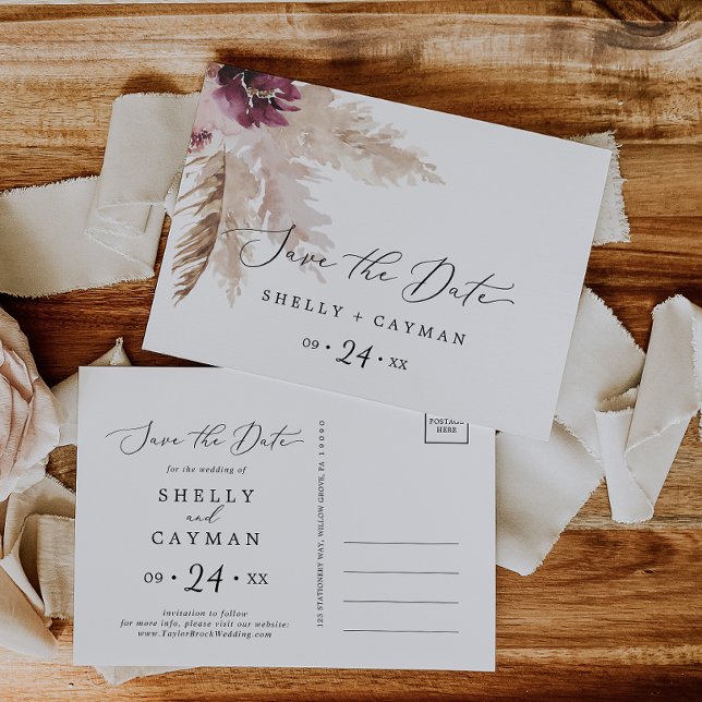 Boho Pampas Grass Save Date Postcard Inbjudan Vykort (Skapare uppladdad)