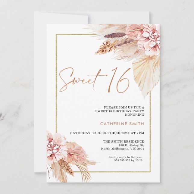  Boho Pampas Grass Sweet 16 Birthday Inbjudningar (Framsida)