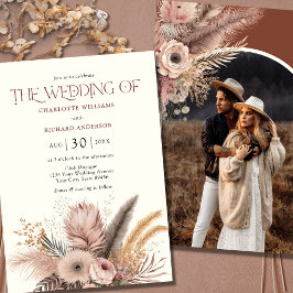 Boho Pampas Grass Terracotta Photo Bröllop Inbjudningar