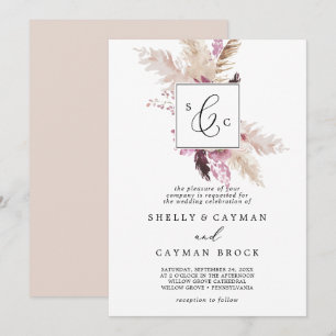 Boho Pampas Grass Traditional Monogram Bröllop Inbjudningar