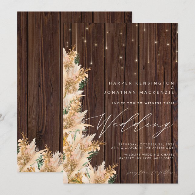Boho Pampas Grass Twinkle Ljus Wood Bröllop Inbjudningar (Fram/baksida)