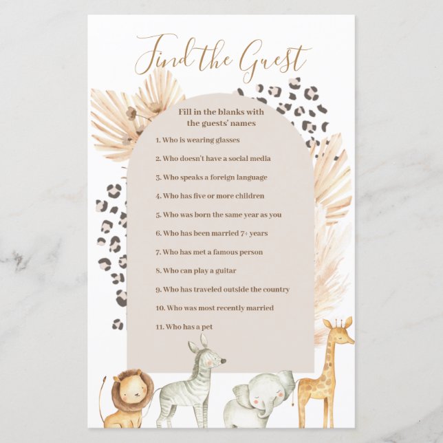 Boho Pampas Grass Vilda djur Hitta gästspelet (Framsida)