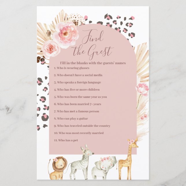 Boho Pampas Grass Vilda djur Hitta gästspelet (Framsida)