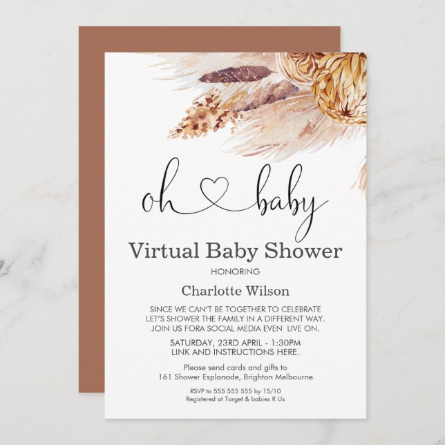 Boho Pampas Grass Virtuellare Baby Shower-inbjudan Inbjudningar (Fram/baksida)