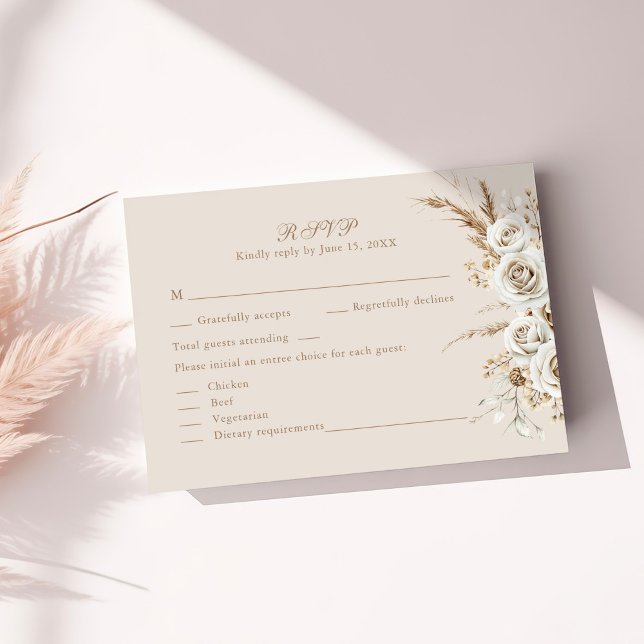 Boho Pampas Grass & Vit ros Bröllop OSA Card Kort (Boho Pampas Grass & White Rose Wedding RSVP Card on a sunny table with neutral dry botanicals.)