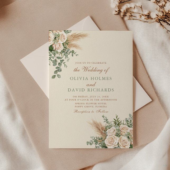 Boho Pampas Grass & Vit ros bröllopsinbjudan Inbjudningar (Boho Pampas Grass & White Rose Wedding Invitation with envelope on an elegant wedding table)