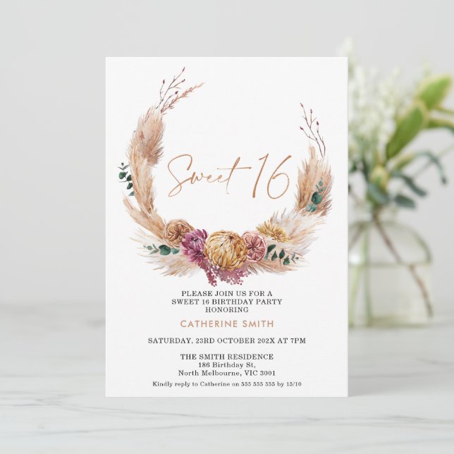 Boho Pampas Grass Wand Sweet 16 Birthday Inbjudningar (Stående Fram)
