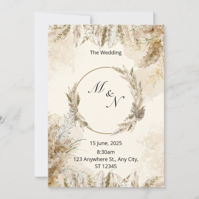 Boho Pampas Grass Watercolor Wedding bjudande Inbjudningar (Framsida)