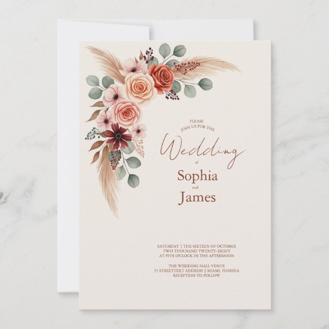 Boho Pampas Grass Watercolor Wedding bjudande Inbjudningar (Framsida)