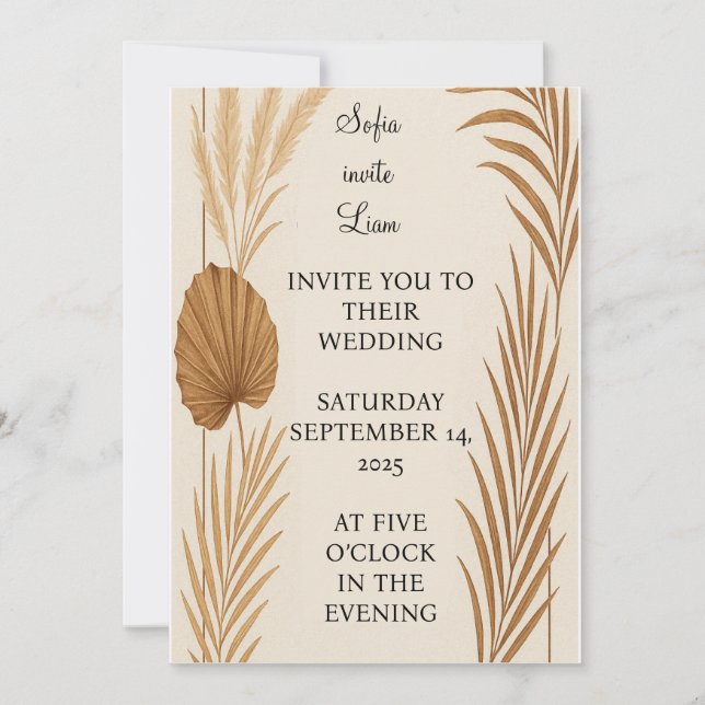Boho Pampas Grass Wedding bjudande | Minimalistisk Tack Kort (Framsida)