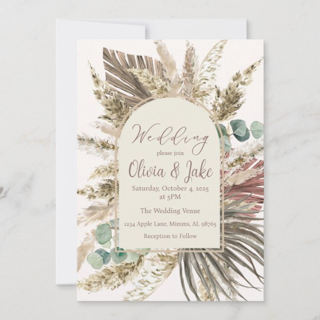 Boho Pampas Grass Wedding bjudande - Sage Grönt Inbjudningar (Framsida)