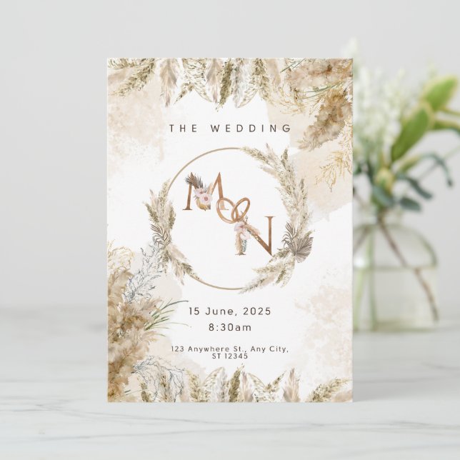 Boho Pampas Grass Wedding Invitation  Inbjudningar (Stående Fram)