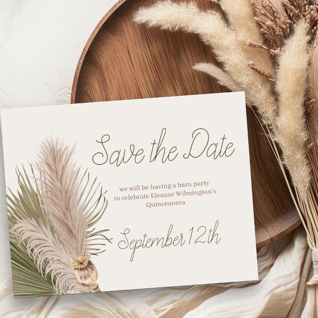 Boho Pampas Grass Western Quinceanera Spara Datumet (Save the Date from my Western Boho Quinceanera Collection - order printed or as printable download)