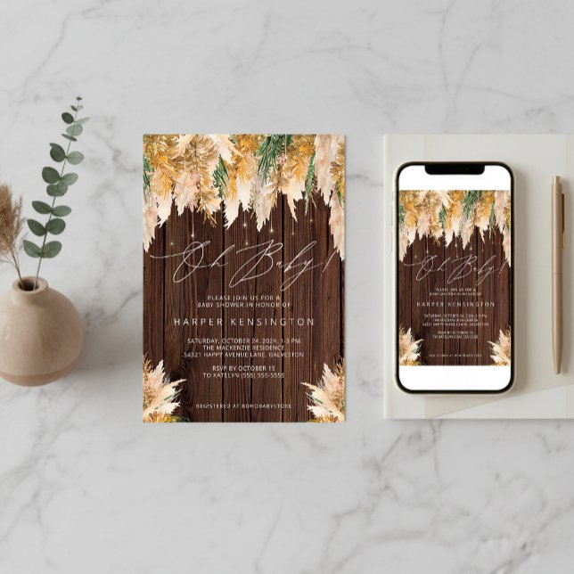 Boho Pampas Grass Wood Twinkle Ljus Baby Shower Inbjudningar (Boho Pampas Grass Wood Twinkle Lights Baby Shower Invitation)