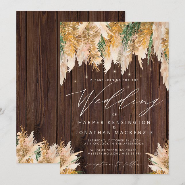 Boho Pampas Grass Wood Twinkle Ljus Bröllop Inbjudningar (Fram/baksida)