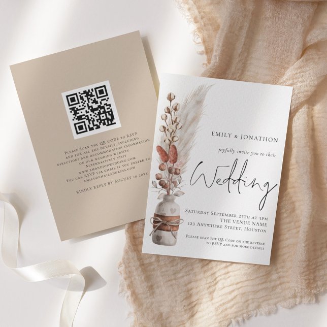 Boho Pampas Grasses QR Code Wedding bjudande Inbjudningar (Skapare uppladdad)