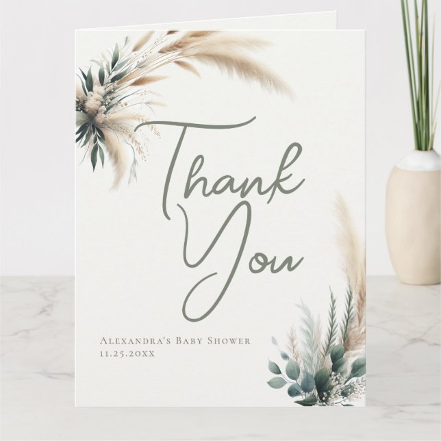 Boho Pampas Greenery Calligraphy Chic Baby Shower Tack Kort (Framsida)