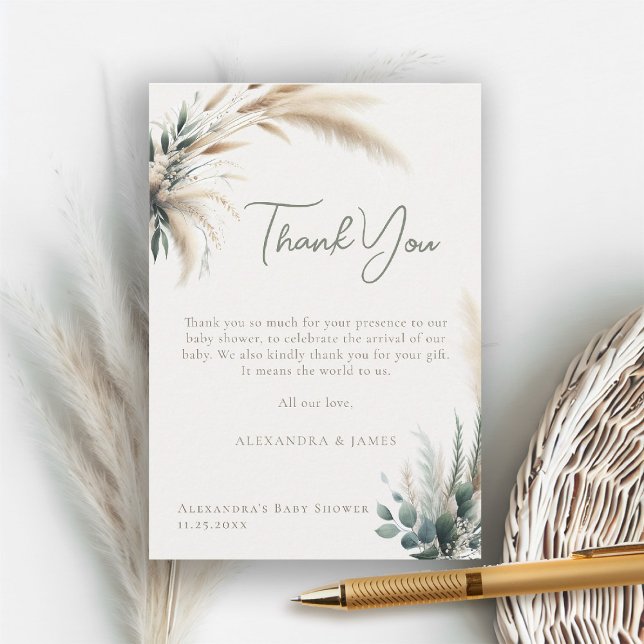 Boho Pampas Greenery Sage Calligraphy Baby Shower Tack Kort (boho baby shower thank you card pampas greenery watercolor sage green beige neutral)
