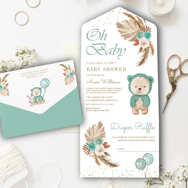 Boho Pampas Grön Blommig Teddybjörn Bebisdusch (Skapare uppladdad)