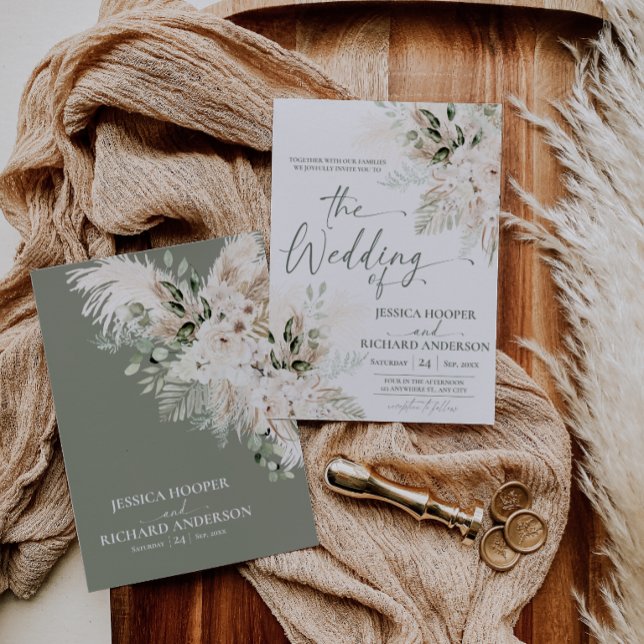 Boho Pampas Grönska Blommig Bröllopsinbjudan  Inbjudningar (Boho Pampas Greenery Floral Wedding Invitation Card)