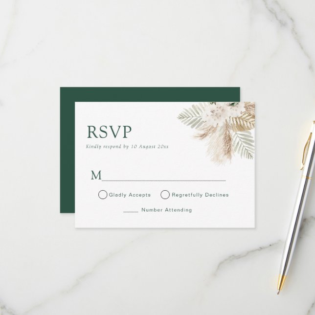 boho pampas grönska bröllop rsvp-kort OSA kort (Fram/Back In Situ)