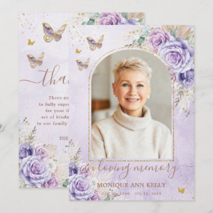 Boho Pampas Lila Blommigt Photo Funeral Memorial Tack Kort