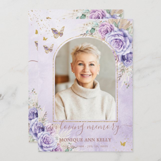 Boho Pampas Lila Blommigt Photo Funeral Memorial Tack Kort (Fram/baksida)