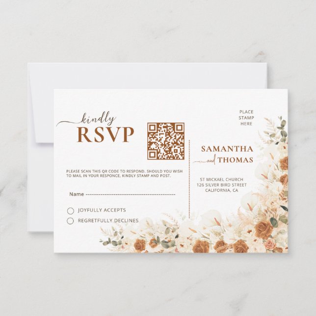 Boho Pampas lilies & Eucalyptus QR Bröllop OSA Kort (Framsida)