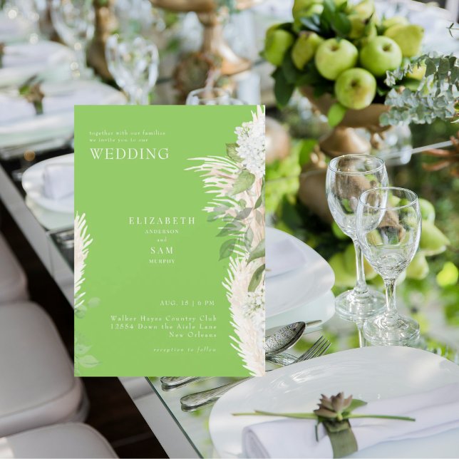 Boho Pampas Limegrön Vit Hortensia Bröllop Inbjudningar (Skapare uppladdad)