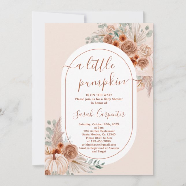 Boho Pampas Little Pumpkin Baby Shower Girl Inbjudningar (Framsida)